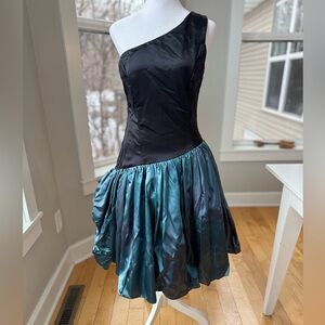 Vintage 80’s Black Teal Satin One Shoulder Prom Dress Sz Small